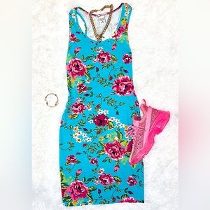 Turquoise Blue & Pink Flower Print Short Bodycon Dress (LG)
